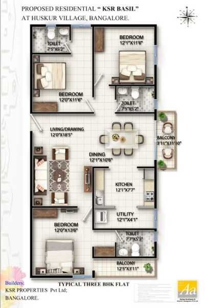 Floor plan of 3 BHK 1229 Sq. Ft. Apartment in KSR Basil Apartment, Bangalore