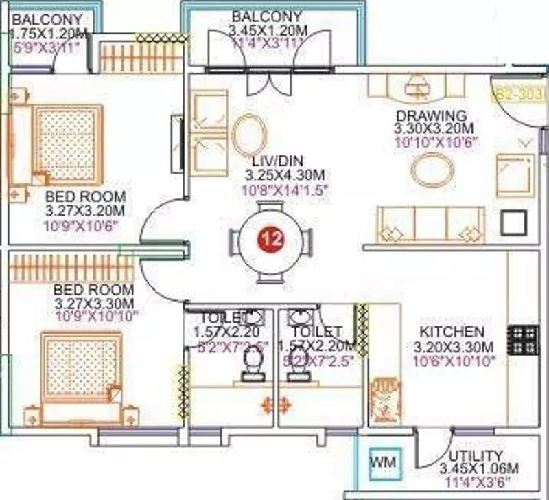 Floor plan of 2 BHK 1050 Sq. Ft. Apartment in KSR Cordelia, Bangalore