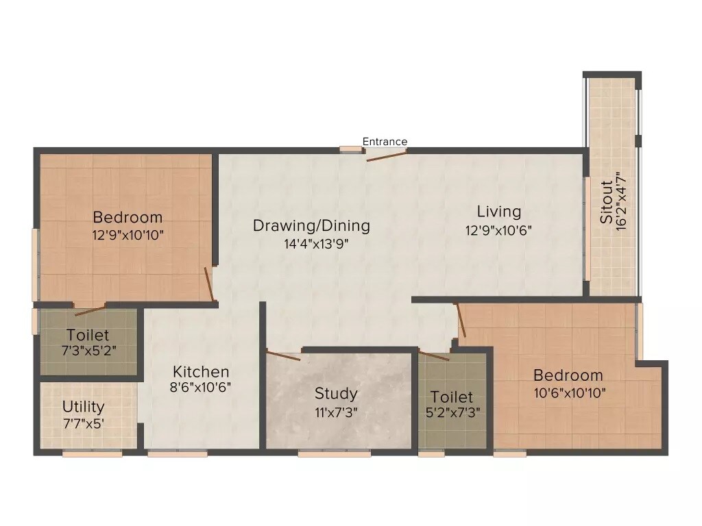 Floor plan of 2 BHK 1256 Sq. Ft. Apartment in KSR Cordelia, Bangalore