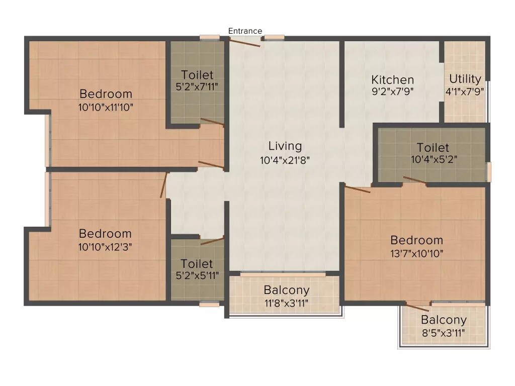 Floor plan of 3 BHK 1367 Sq. Ft. Apartment in KSR Cordelia, Bangalore