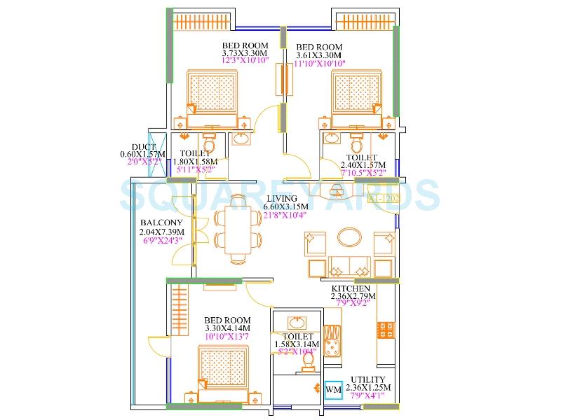 Floor plan of 3 BHK 1452 Sq. Ft. Apartment in KSR Cordelia, Bangalore