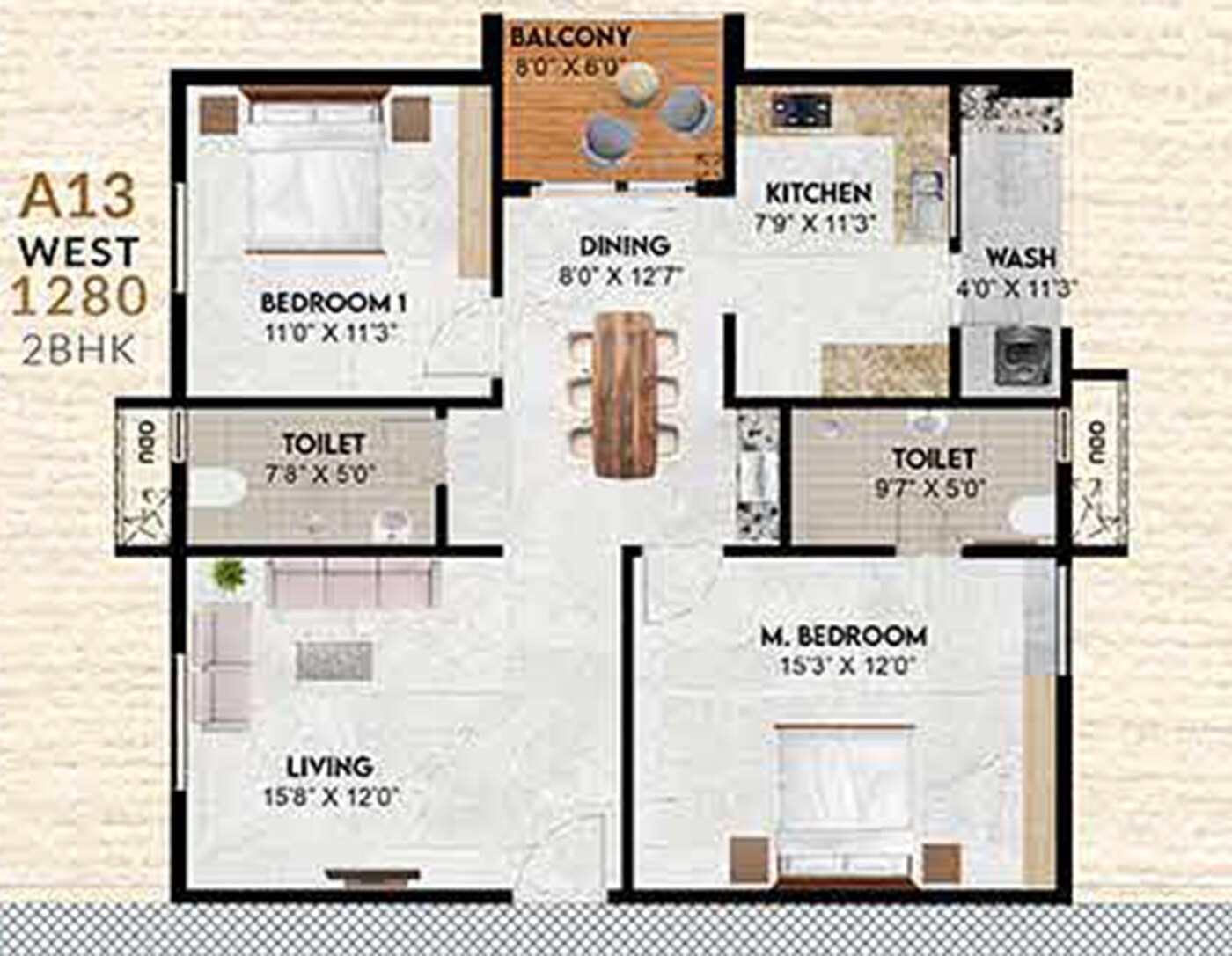 2 BHK 1280 Sq. Ft. Apartment