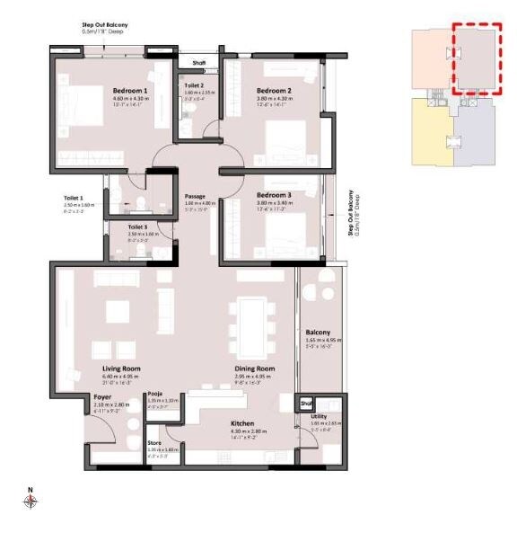 Floor plan of 3 BHK 2205 Sq. Ft. Apartment in Kumar Kino Platinum, Bangalore
