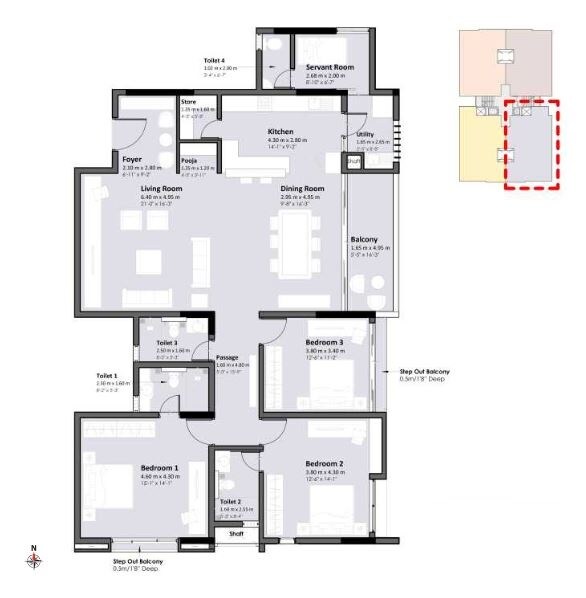 Floor plan of 3 BHK 2340 Sq. Ft. Apartment in Kumar Kino Platinum, Bangalore