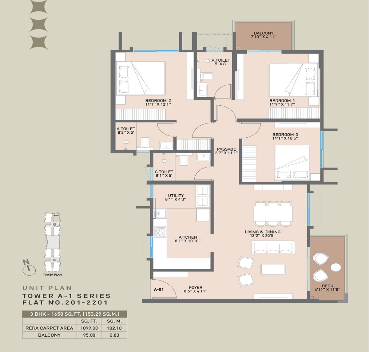 Floor plan of 3 BHK 1650 Sq. Ft. Apartment in Kumar Platina, Bangalore