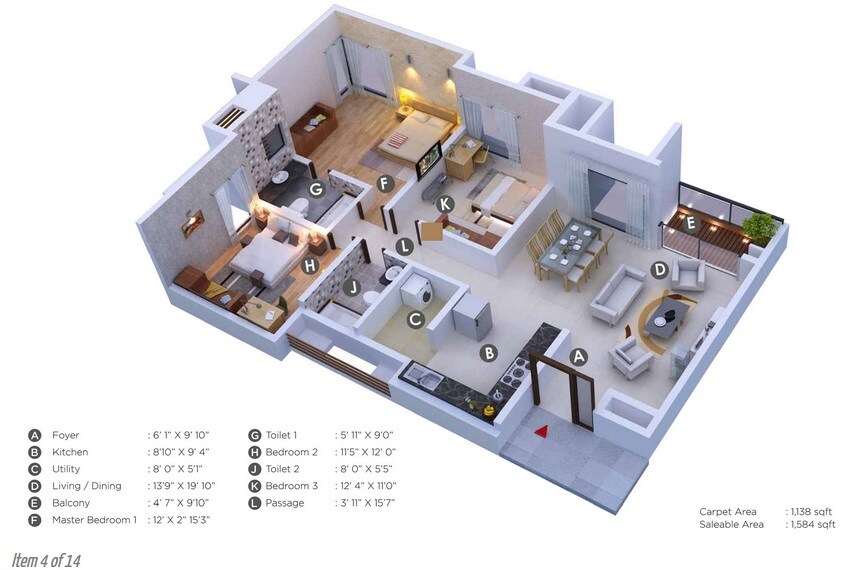 Floor plan of 3 BHK 1138 Sq. Ft. Apartment in Kumar Princetown Royale, Bangalore