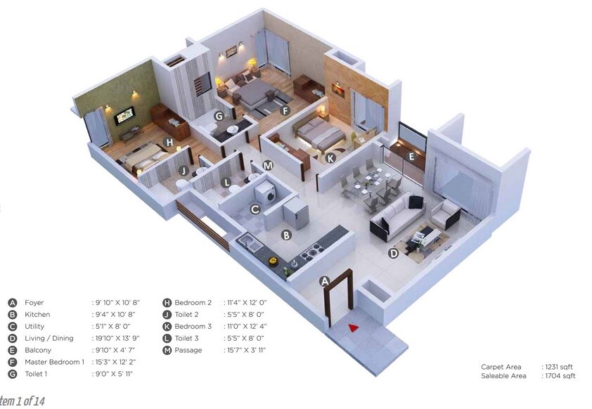 Floor plan of 3 BHK 1231 Sq. Ft. Apartment in Kumar Princetown Royale, Bangalore