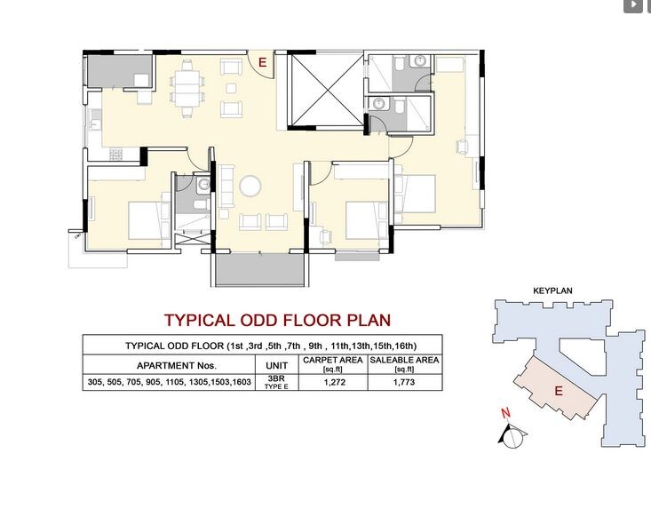 Floor plan of 3 BHK 1272 Sq. Ft. Apartment in Kumar Princetown Royale, Bangalore