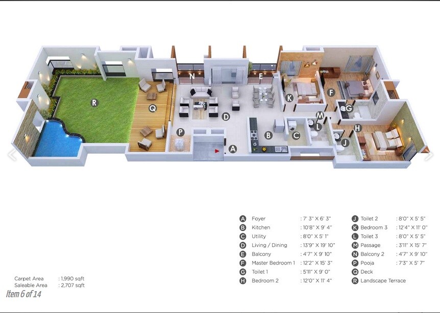 Floor plan of 3 BHK 1990 Sq. Ft. Apartment in Kumar Princetown Royale, Bangalore