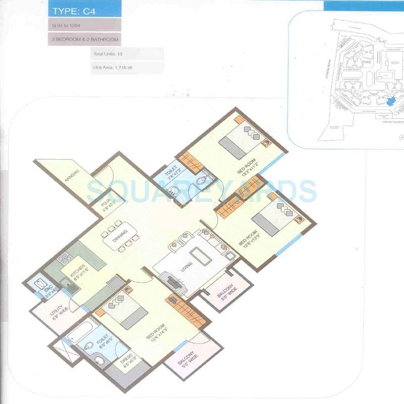 Floor plan of 3 BHK 1715 Sq. Ft. Apartment in Kumar Urban ILife, Bangalore