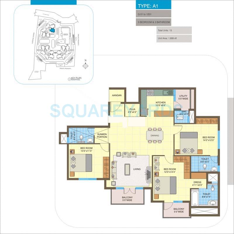 Floor plan of 3 BHK 1808 Sq. Ft. Apartment in Kumar Urban ILife, Bangalore