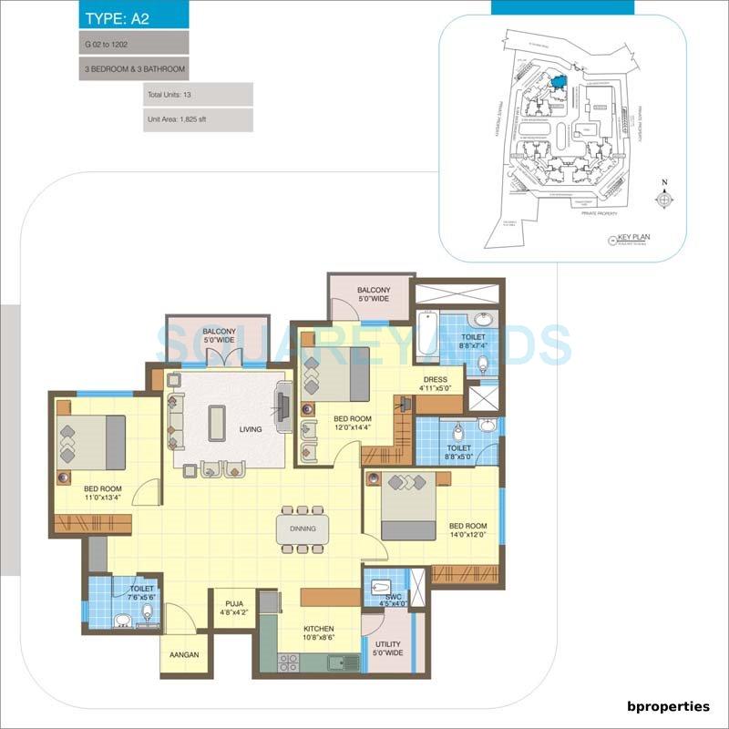 Floor plan of 3 BHK 1825 Sq. Ft. Apartment in Kumar Urban ILife, Bangalore