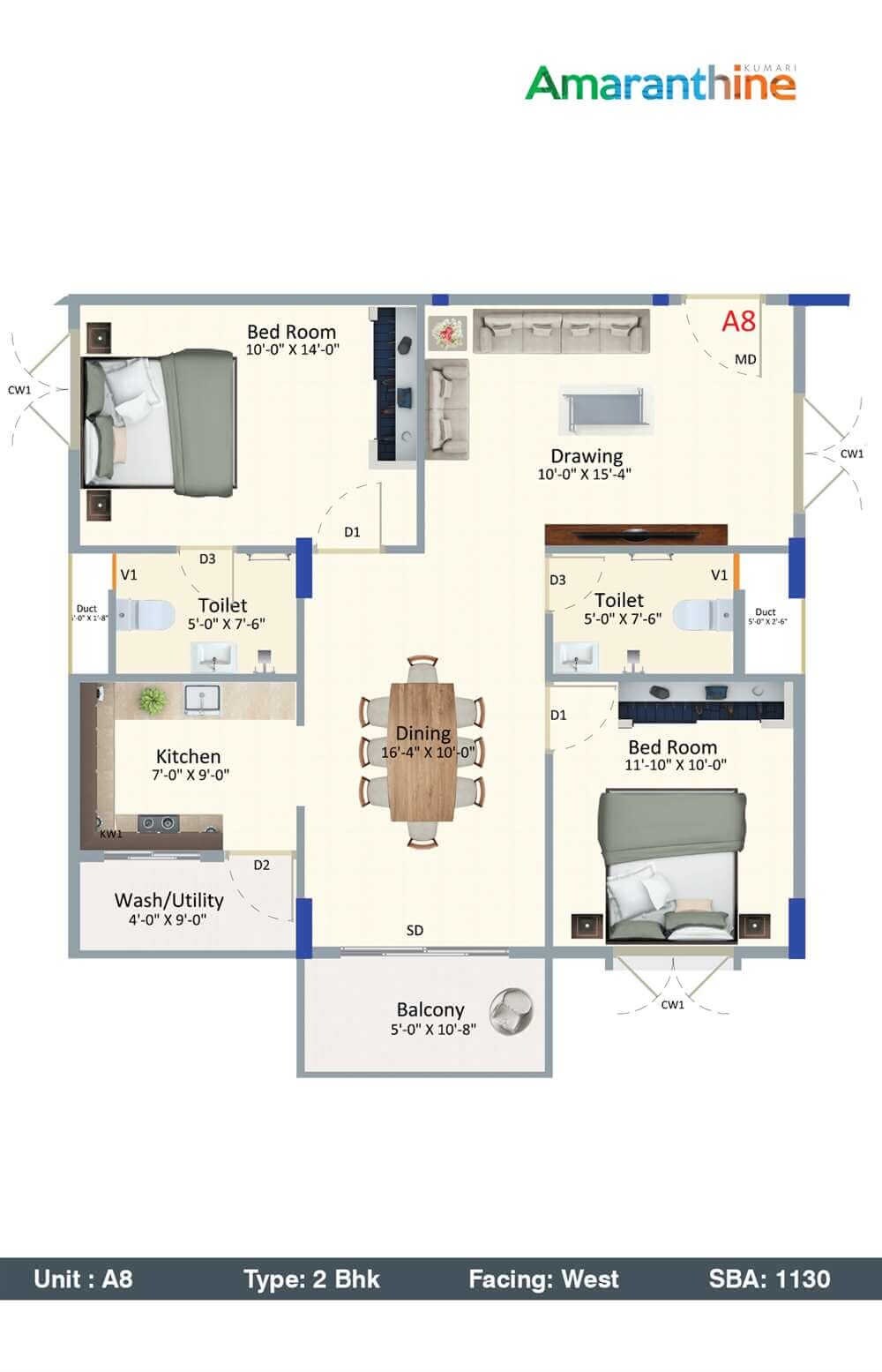 Floor plan of 2 BHK 1130 Sq. Ft. Apartment in Kumari Amaranthine, Bangalore