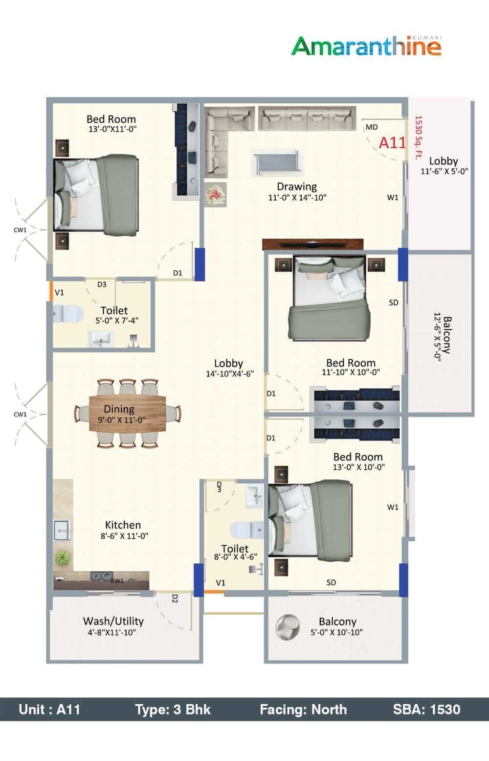 Floor plan of 3 BHK 1530 Sq. Ft. Apartment in Kumari Amaranthine, Bangalore