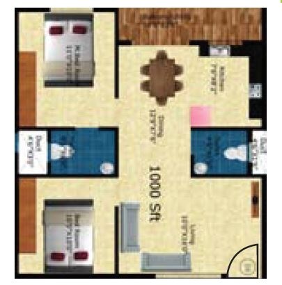 Floor plan of 2 BHK 1000 Sq. Ft. Apartment in Kumari Brundavan, Bangalore