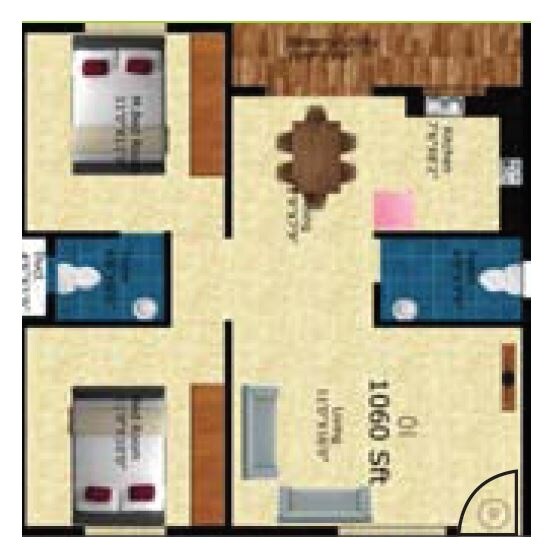 Floor plan of 2 BHK 1060 Sq. Ft. Apartment in Kumari Brundavan, Bangalore