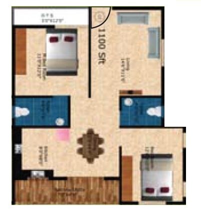 Floor plan of 2 BHK 1100 Sq. Ft. Apartment in Kumari Brundavan, Bangalore