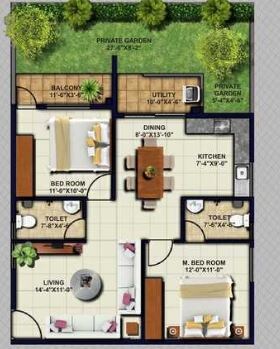 Floor plan of 2 BHK 1070 Sq. Ft. Apartment in Kumari Woods And Winds, Bangalore