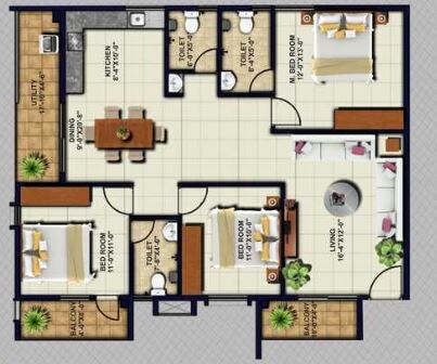 Floor plan of 3 BHK 1640 Sq. Ft. Apartment in Kumari Woods And Winds, Bangalore