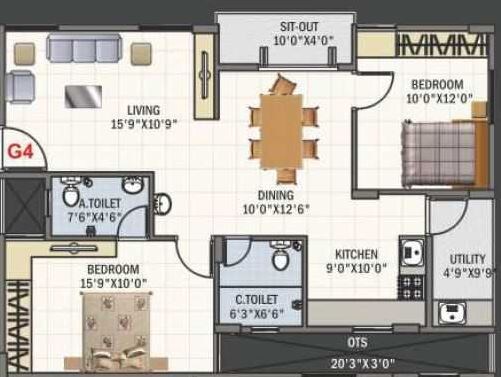 Floor plan of 2 BHK 1170 Sq. Ft. Apartment in Kushal Chethan Campines, Bangalore