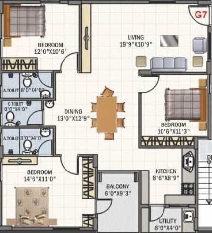 Floor plan of 3 BHK 1460 Sq. Ft. Apartment in Kushal Chethan Campines, Bangalore