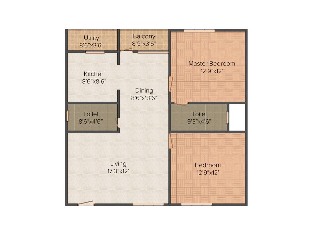Floor plan of 2 BHK 1135 Sq. Ft. Apartment in KV Lakefront, Bangalore