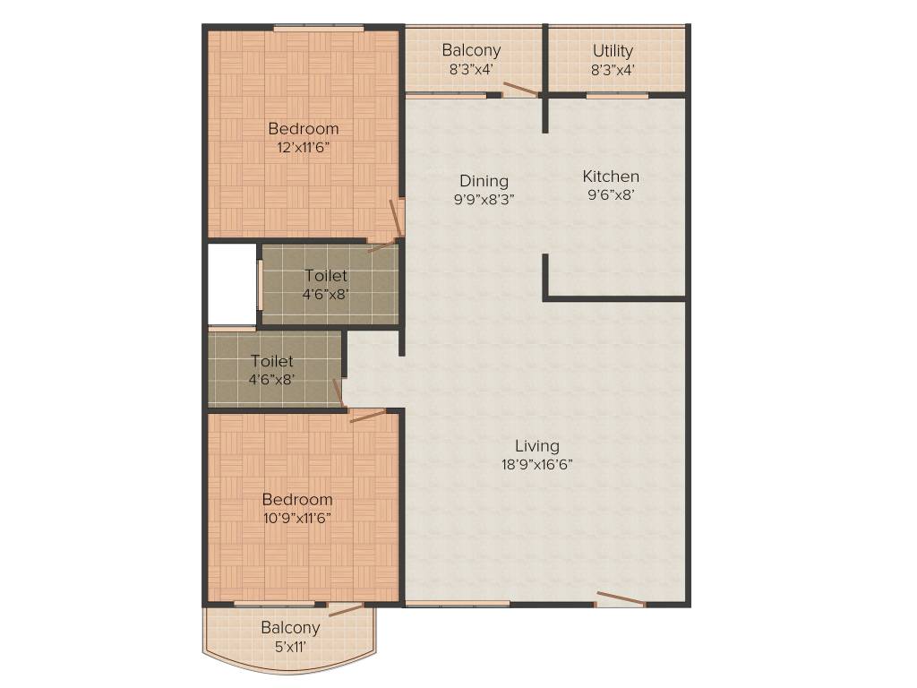 Floor plan of 2 BHK 1255 Sq. Ft. Apartment in KV Lakefront, Bangalore