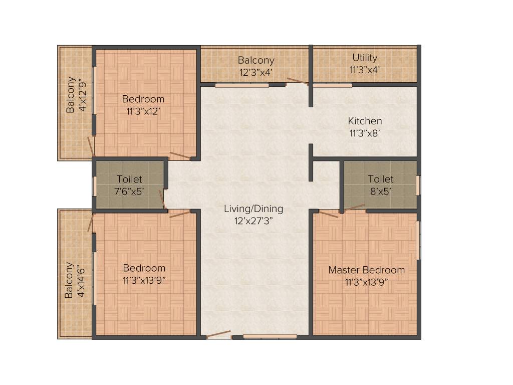 Floor plan of 3 BHK 1540 Sq. Ft. Apartment in KV Lakefront, Bangalore
