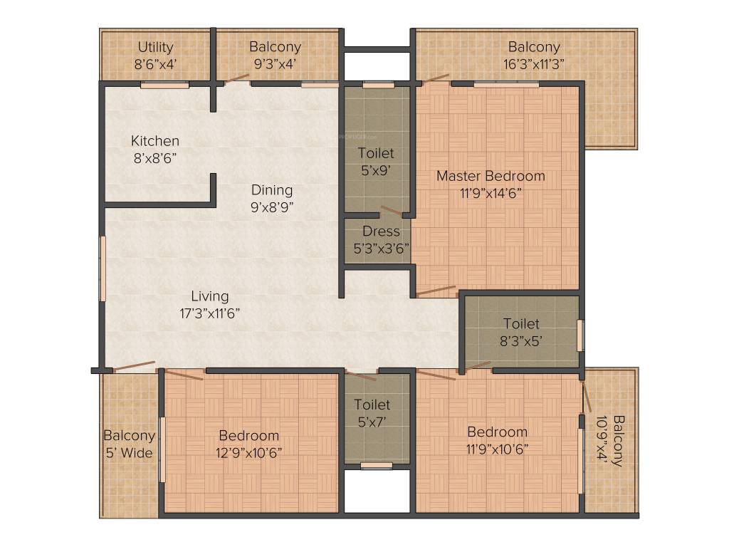 Floor plan of 3 BHK 1665 Sq. Ft. Apartment in KV Lakefront, Bangalore