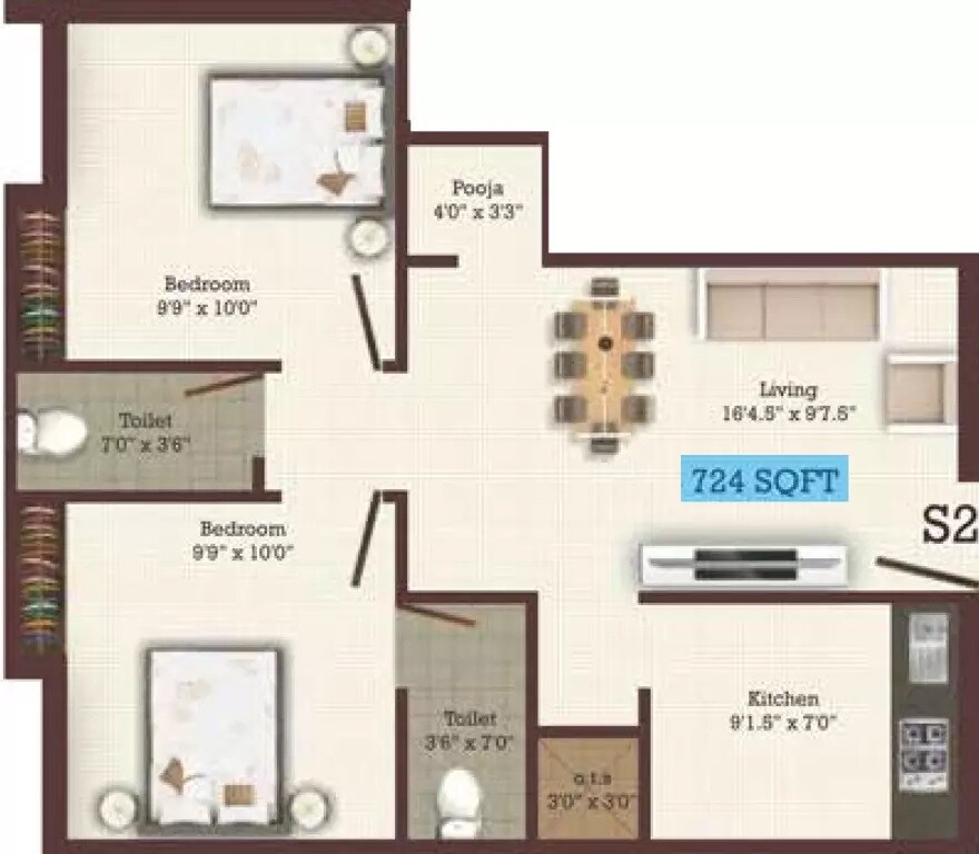 2 BHK 724 Sq. Ft. Apartment