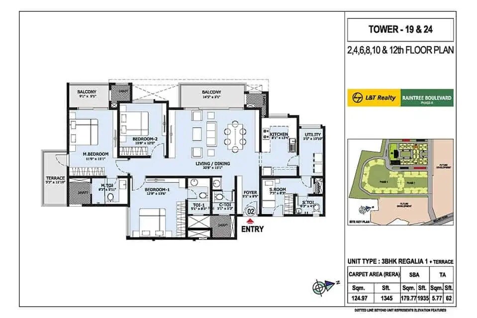 Floor plan of 3 BHK 1345 Sq. Ft. Apartment in L&T Raintree Boulevard, Bangalore