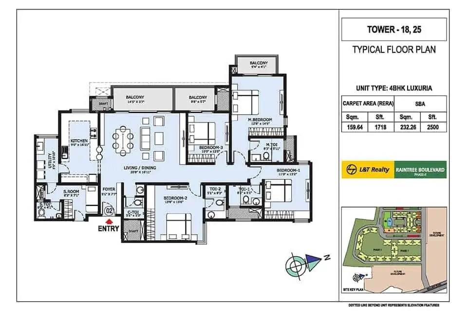 Floor plan of 4 BHK 1718 Sq. Ft. Apartment in L&T Raintree Boulevard, Bangalore