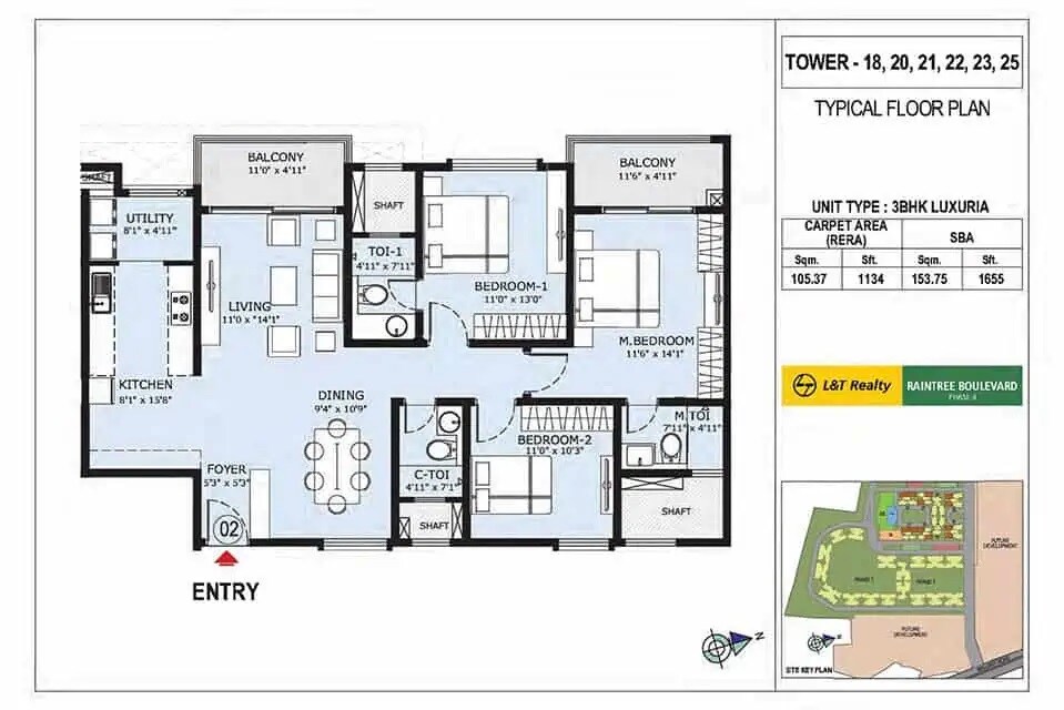 Floor plan of 3 BHK 1134 Sq. Ft. Apartment in L&T Raintree Boulevard Phase 2, Bangalore