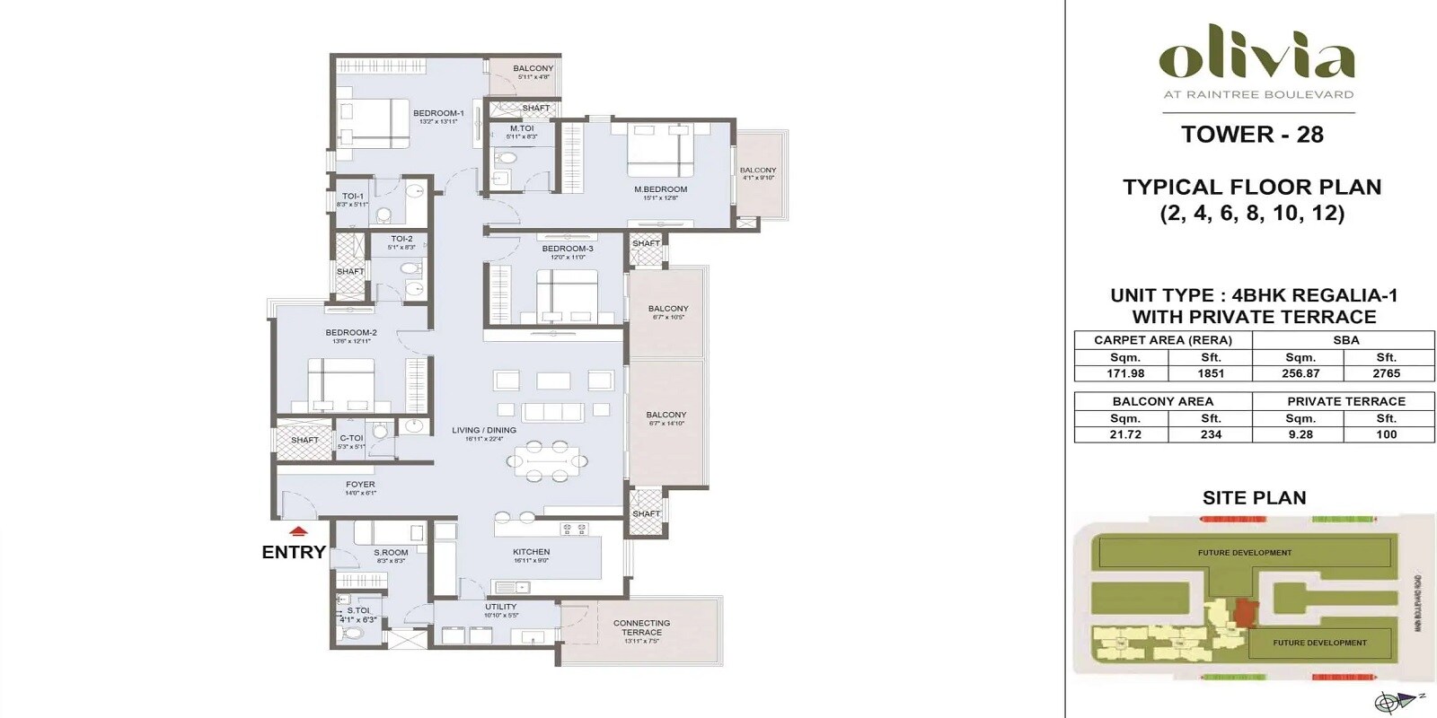 Floor plan of 4 BHK 1851 Sq. Ft. Apartment in L&T Raintree Boulevard Phase 2, Bangalore