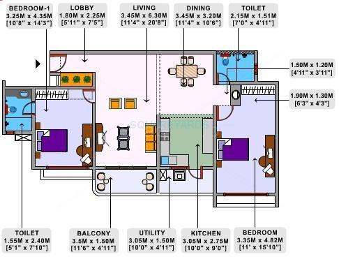 Floor plan of 2 BHK 1395 Sq. Ft. Apartment in LnT Realty South City, Bangalore