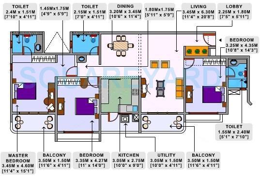 Floor plan of 3 BHK 1750 Sq. Ft. Apartment in LnT Realty South City, Bangalore