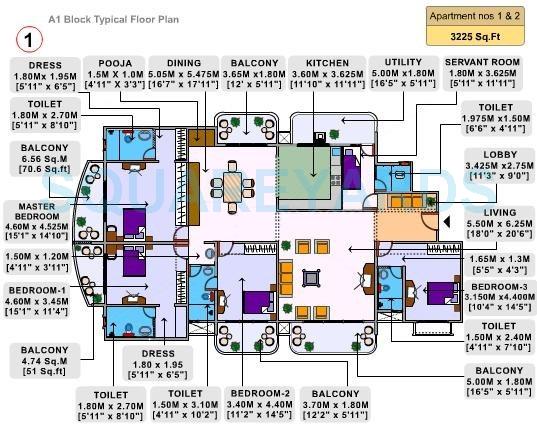Floor plan of 3 BHK 3225 Sq. Ft. Apartment in LnT Realty South City, Bangalore