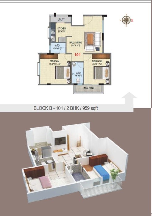 Floor plan of 2 BHK 959 Sq. Ft. Apartment in Laksh Royal Manor, Bangalore