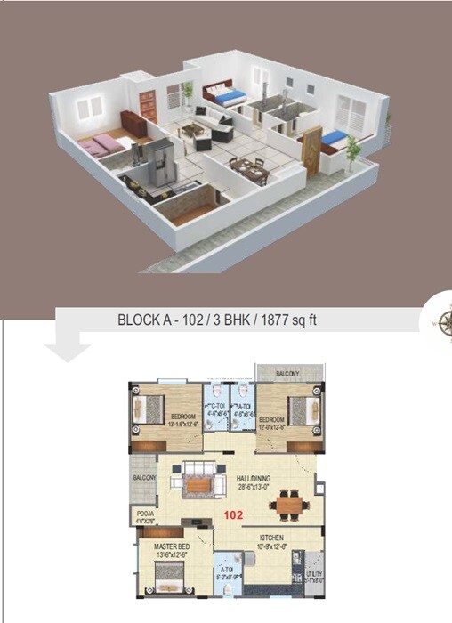 Floor plan of 3 BHK 1877 Sq. Ft. Apartment in Laksh Royal Manor, Bangalore