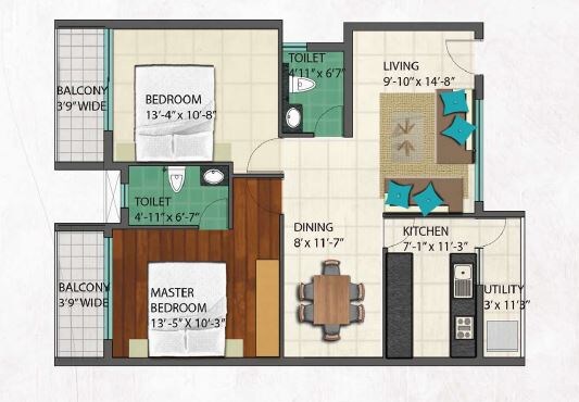 Floor plan of 2 BHK 1185 Sq. Ft. Apartment in Lakshmiwan Eden Park, Bangalore