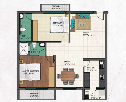 Floor plan of 2 BHK 1279 Sq. Ft. Apartment in Lakshmiwan Eden Park, Bangalore