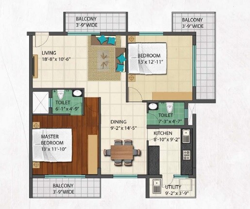 Floor plan of 2 BHK 1578 Sq. Ft. Apartment in Lakshmiwan Eden Park, Bangalore