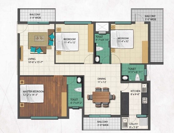 Floor plan of 3 BHK 1761 Sq. Ft. Apartment in Lakshmiwan Eden Park, Bangalore