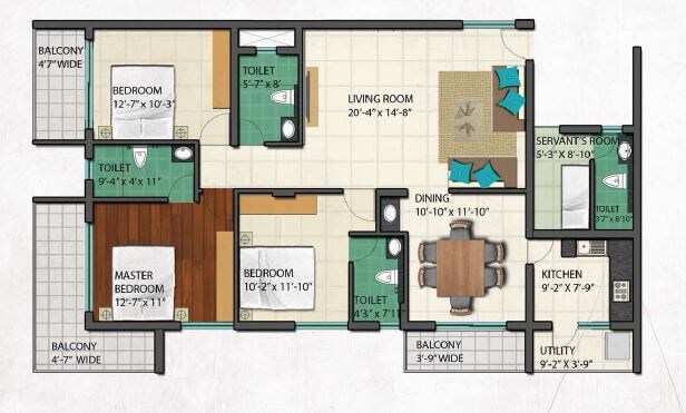 Floor plan of 3 BHK 1961 Sq. Ft. Apartment in Lakshmiwan Eden Park, Bangalore