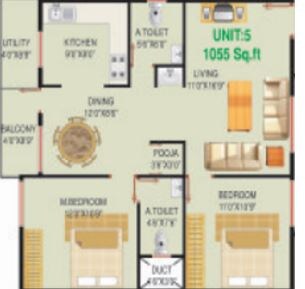 Floor plan of 2 BHK 1055 Sq. Ft. Apartment in Lakvin KK Residency, Bangalore