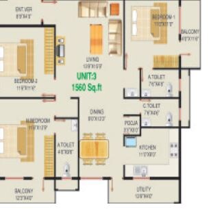 Floor plan of 3 BHK 1560 Sq. Ft. Apartment in Lakvin KK Residency, Bangalore