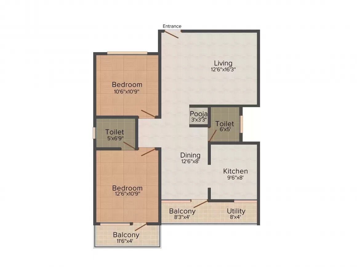 Floor plan of 2 BHK 1119 Sq. Ft. Apartment in Lakvin Valley Residency, Bangalore