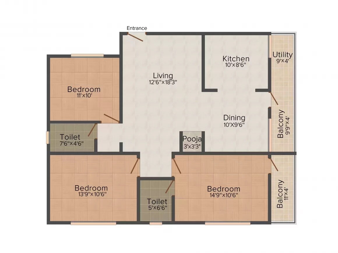 Floor plan of 3 BHK 1390 Sq. Ft. Apartment in Lakvin Valley Residency, Bangalore