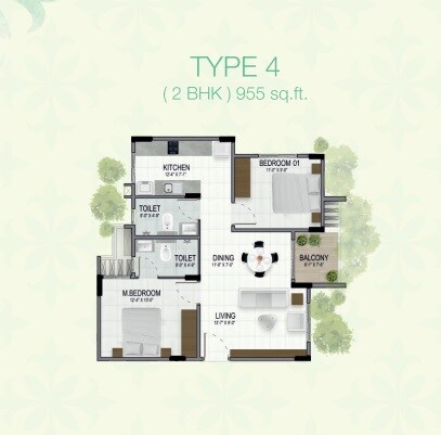 2 BHK 955 Sq. Ft. Apartment