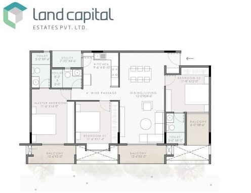 Floor plan of 3 BHK 1664 Sq. Ft. Apartment in Land Capital Primero, Bangalore